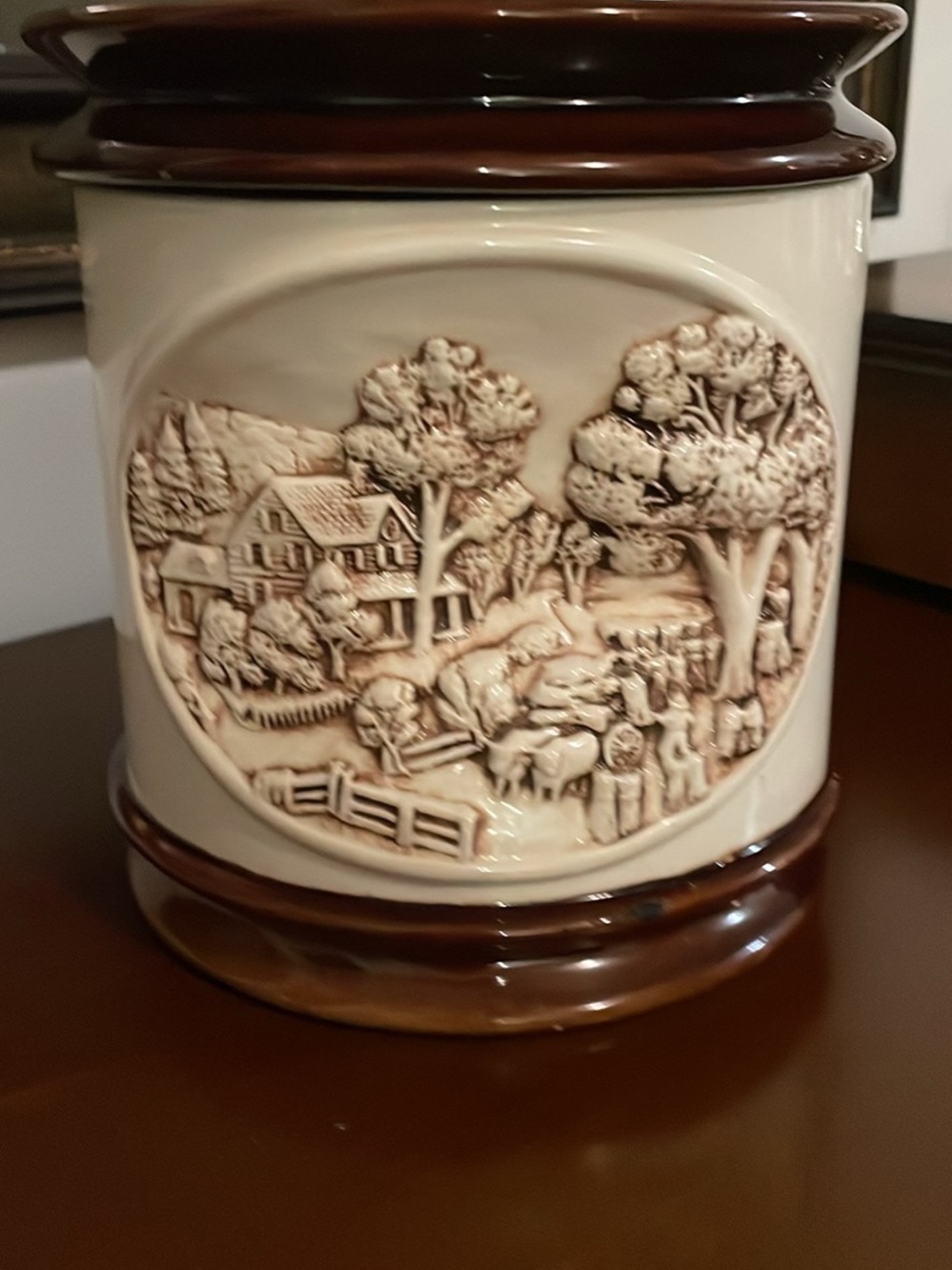 Vintage Decorative Ceramic Canister with Country Scene - Brown and Cream